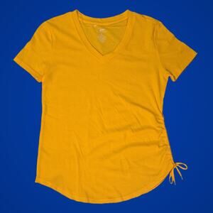 Ladies Medium Ruched V Neck Yellow Athletics Short Sleeve Shirt